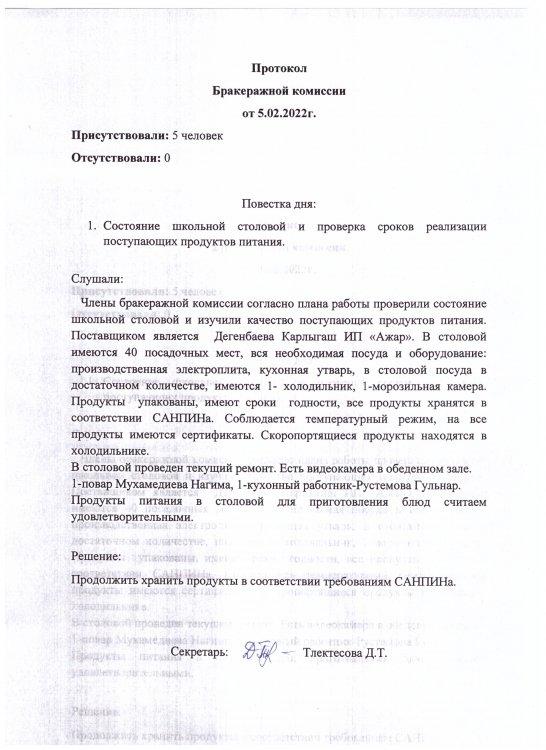 Протокол бракеражной комиссии