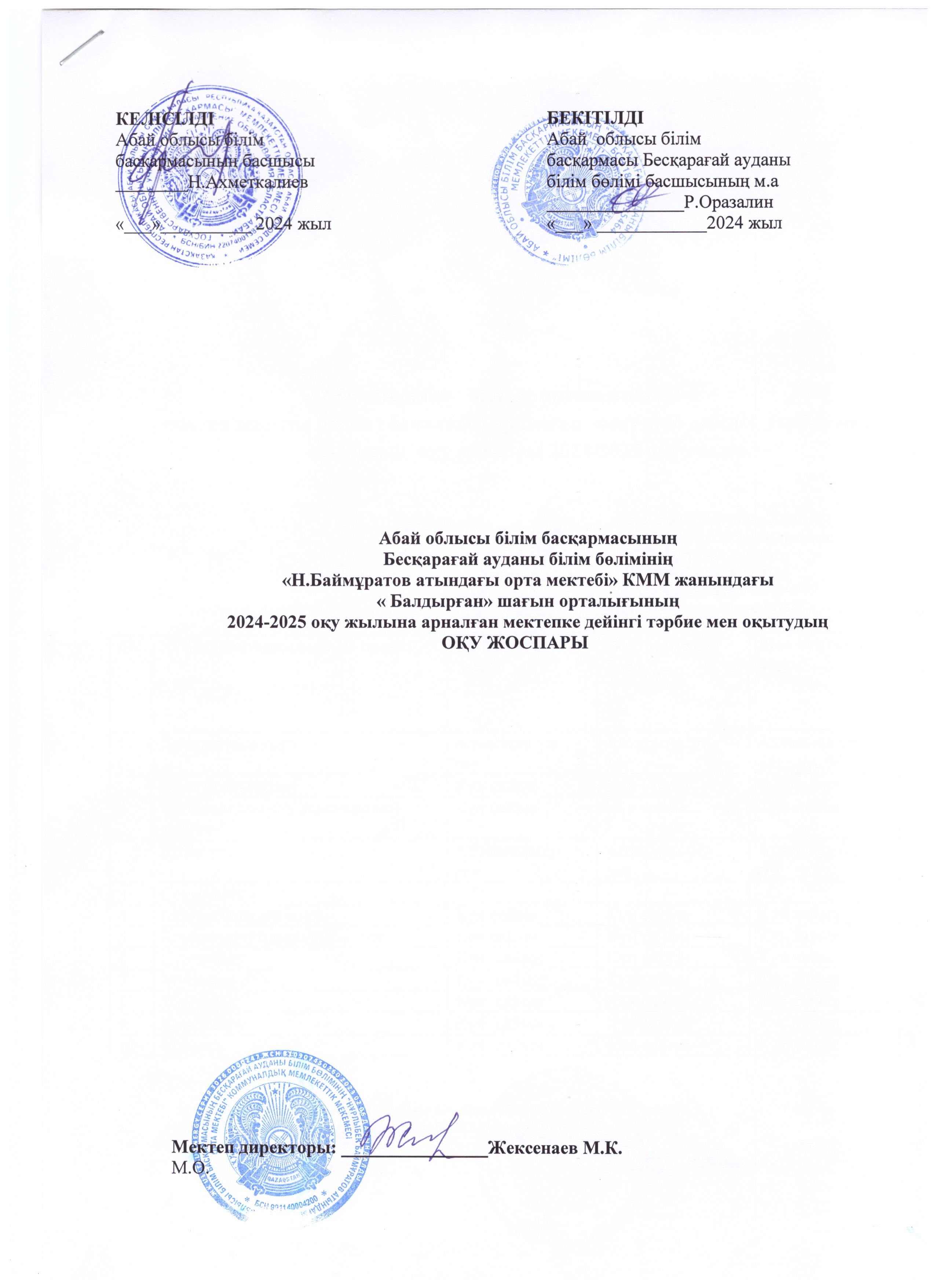 "Балдырған" шағын орталығының оқу жұмыс жоспары,2024-2025 оқу жылы